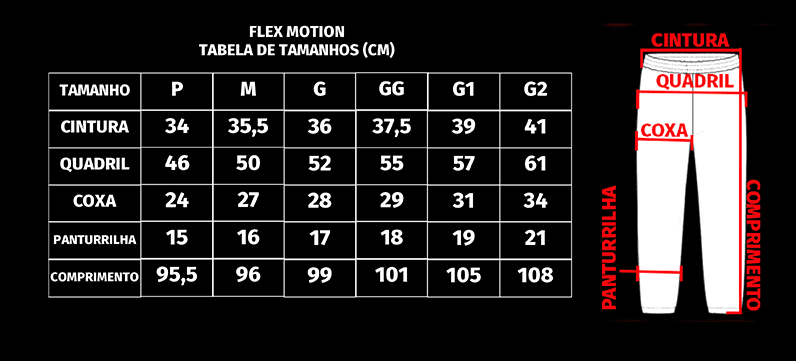 curta 0001 tabela de medidas calca flexmotion
